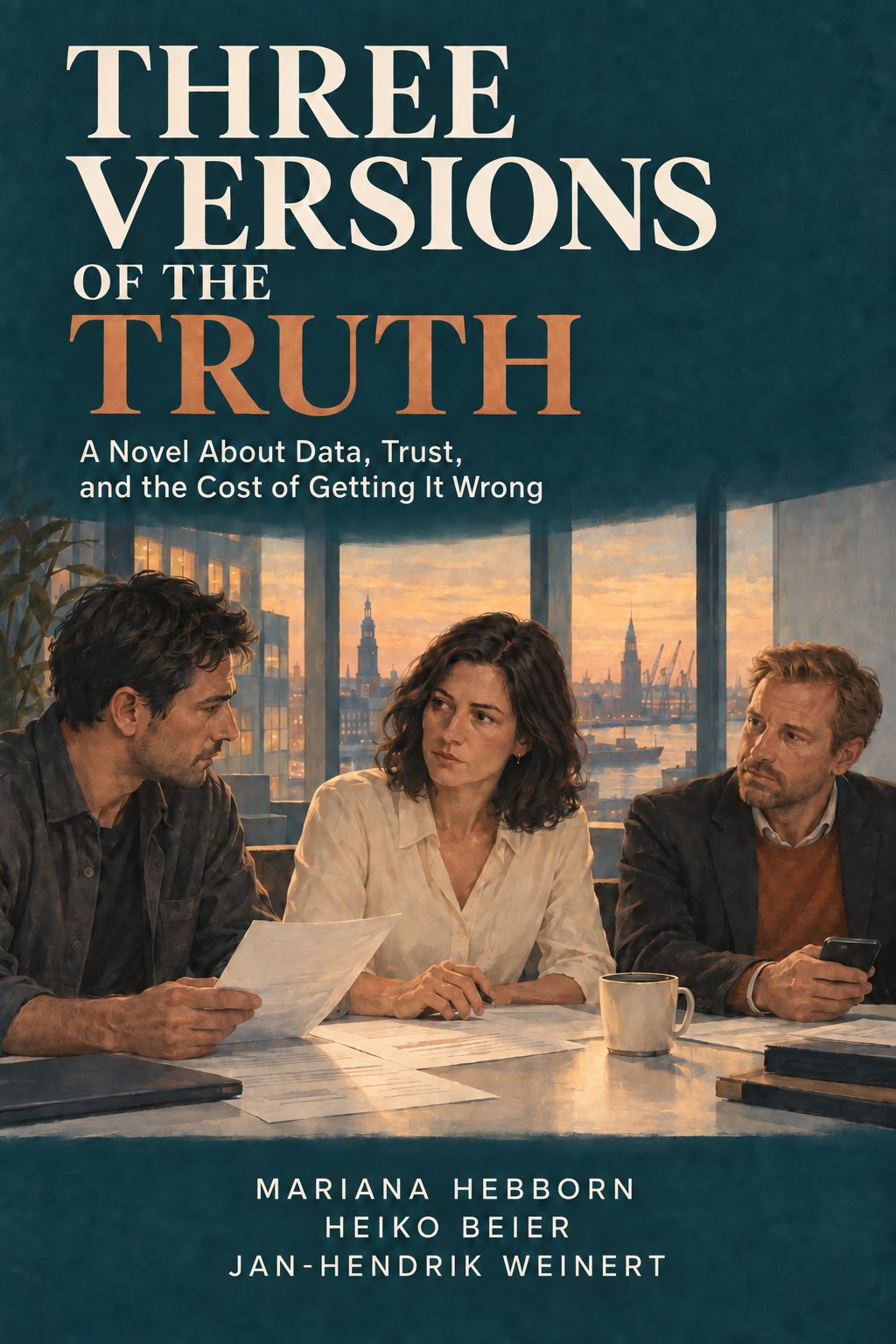 Three Versions of the Truth: A Novel About Data, Trust, and the Cost of Getting It Wrong. By Mariana Hebborn, Heiko Beier, and Jan-Hendrik Weinert. Caroline, Jonah, and Steven at a table overlooking the harbor.